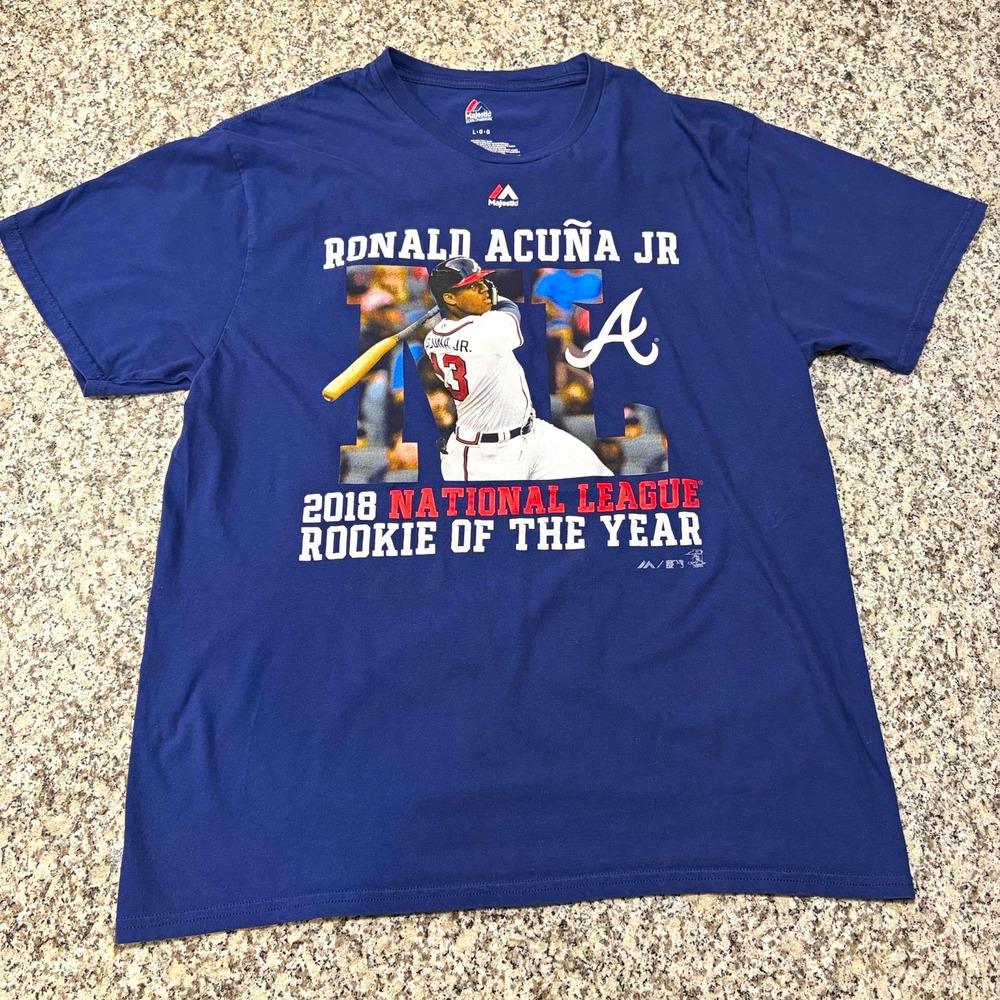 Majestic Ronald Acuna Jr 2018 NL Rookie of the Year Men's L Blue Graphic Tee